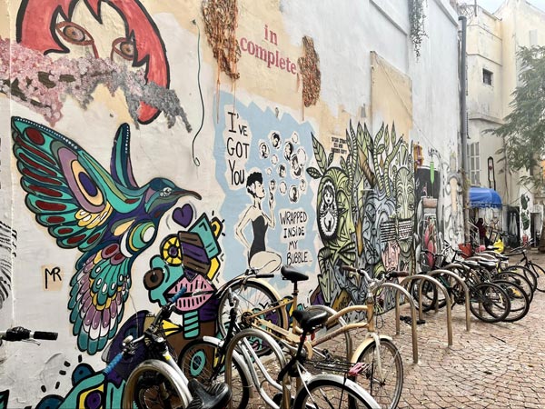 A bright array of street art on a popular pedestrian thoroughfare in Tel Aviv, Israel.
