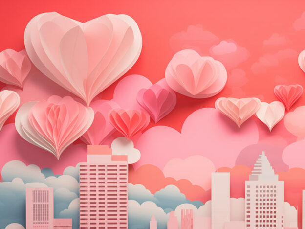 Featured image for All Classical Radio's 2025 Valentine's Day special, Love Story, image of a link cityscape with hearts in the sky