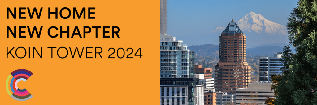 Desktop banner announcing All Classical Portland's move to KOIN Tower in 2024